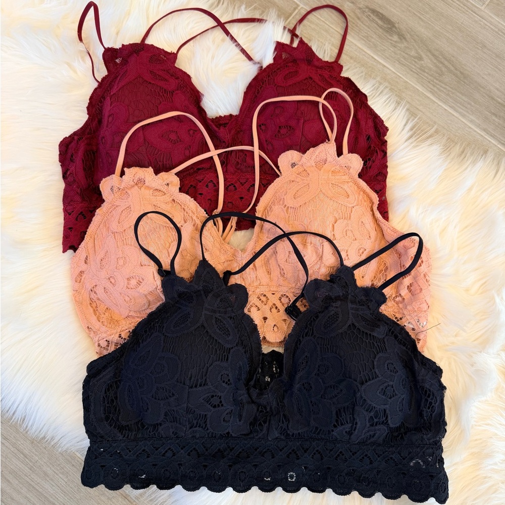 3 Elegant Lace Bralette Set - Black, Red, and Peach